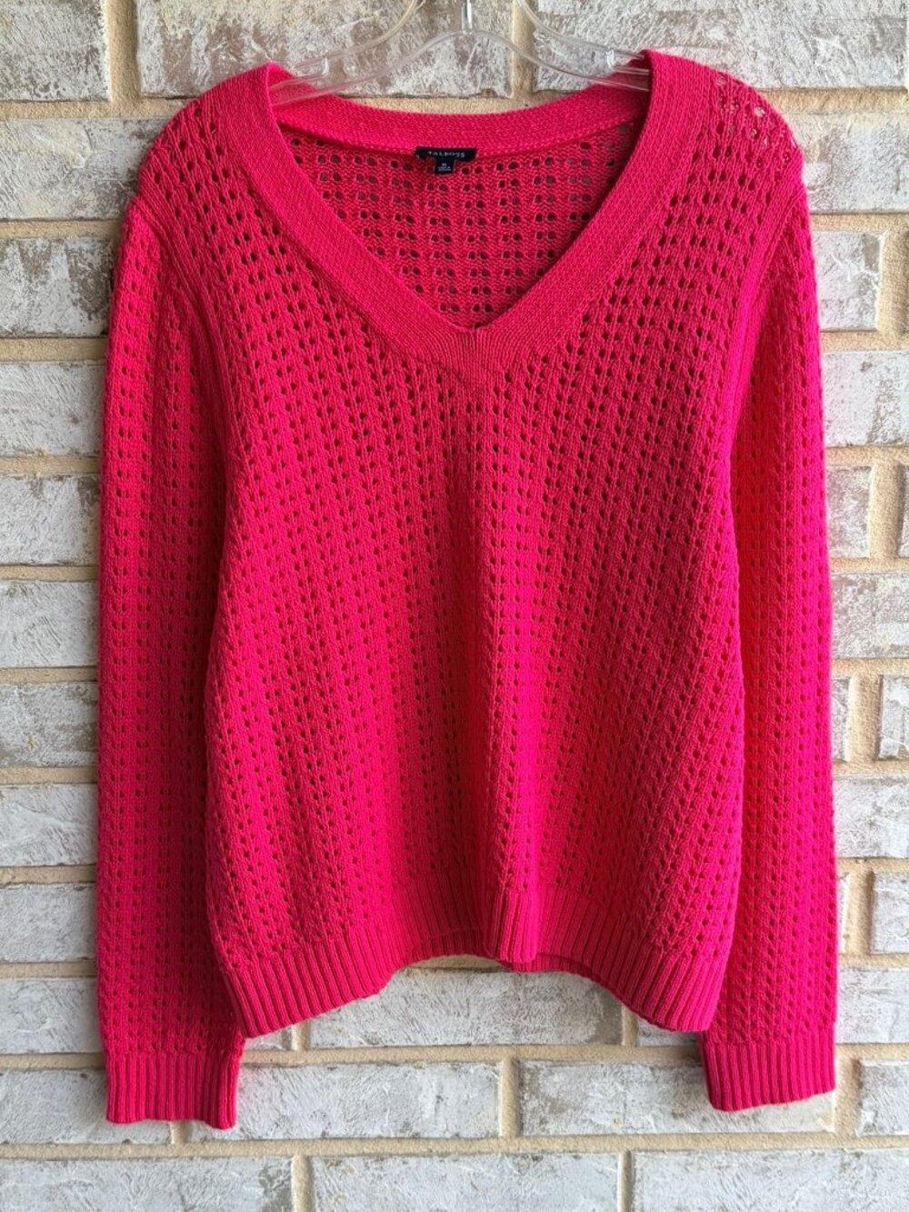 Talbots Long Sleeve V-Neck Open Knit Pink 100% Cotton Sweater Women's Size XL